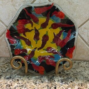 Peggy Karr Fused Glass Chili Peppers Dish/ trinket dish
